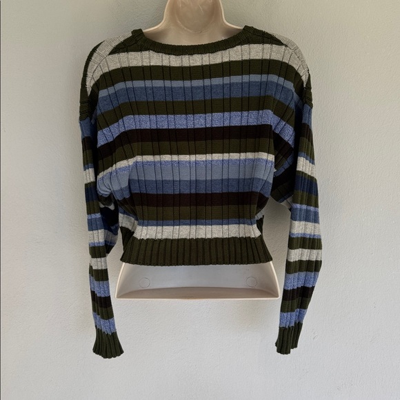 Le Lis green blue stripe stretch ribbed knit cropped long sleeve sweater small - Picture 9 of 14